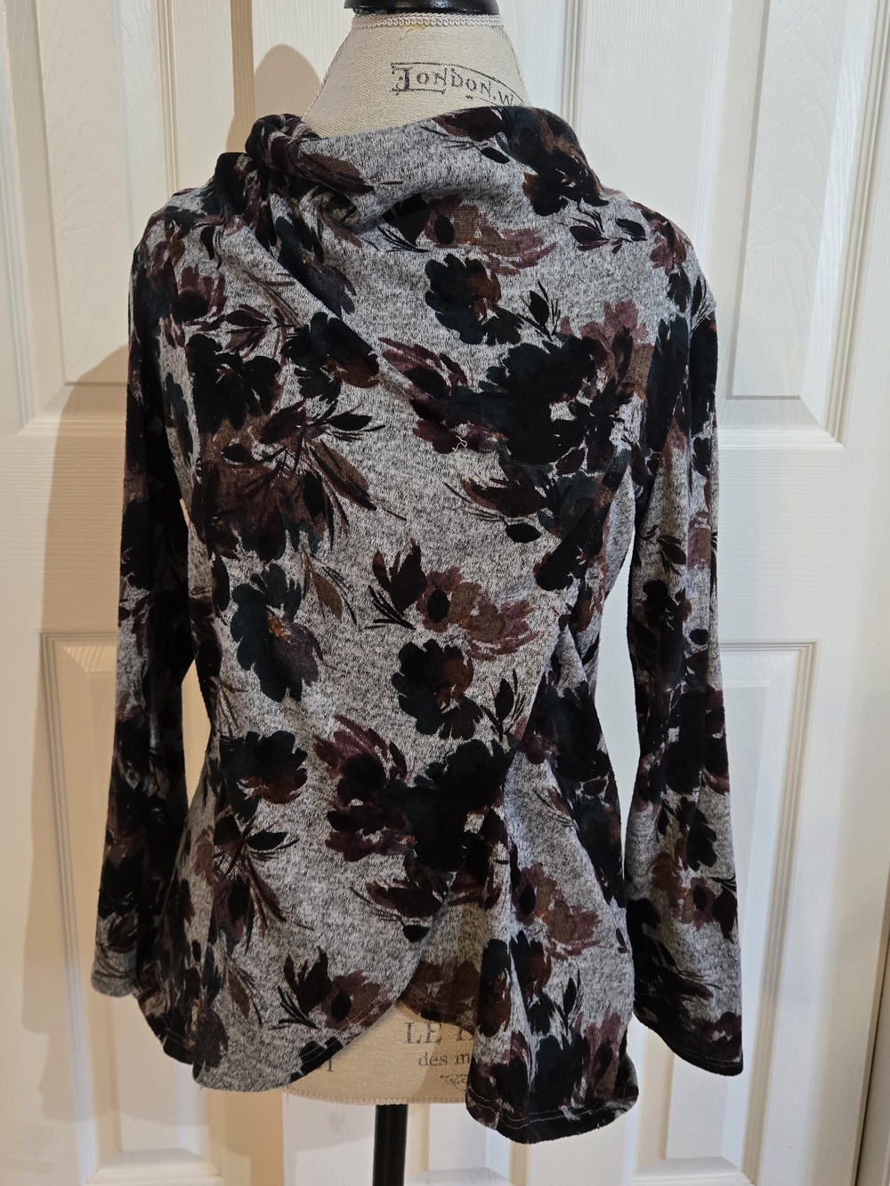 I.N. Studio Gray Floral Cowl Neck Top with Black and Brown Flowers